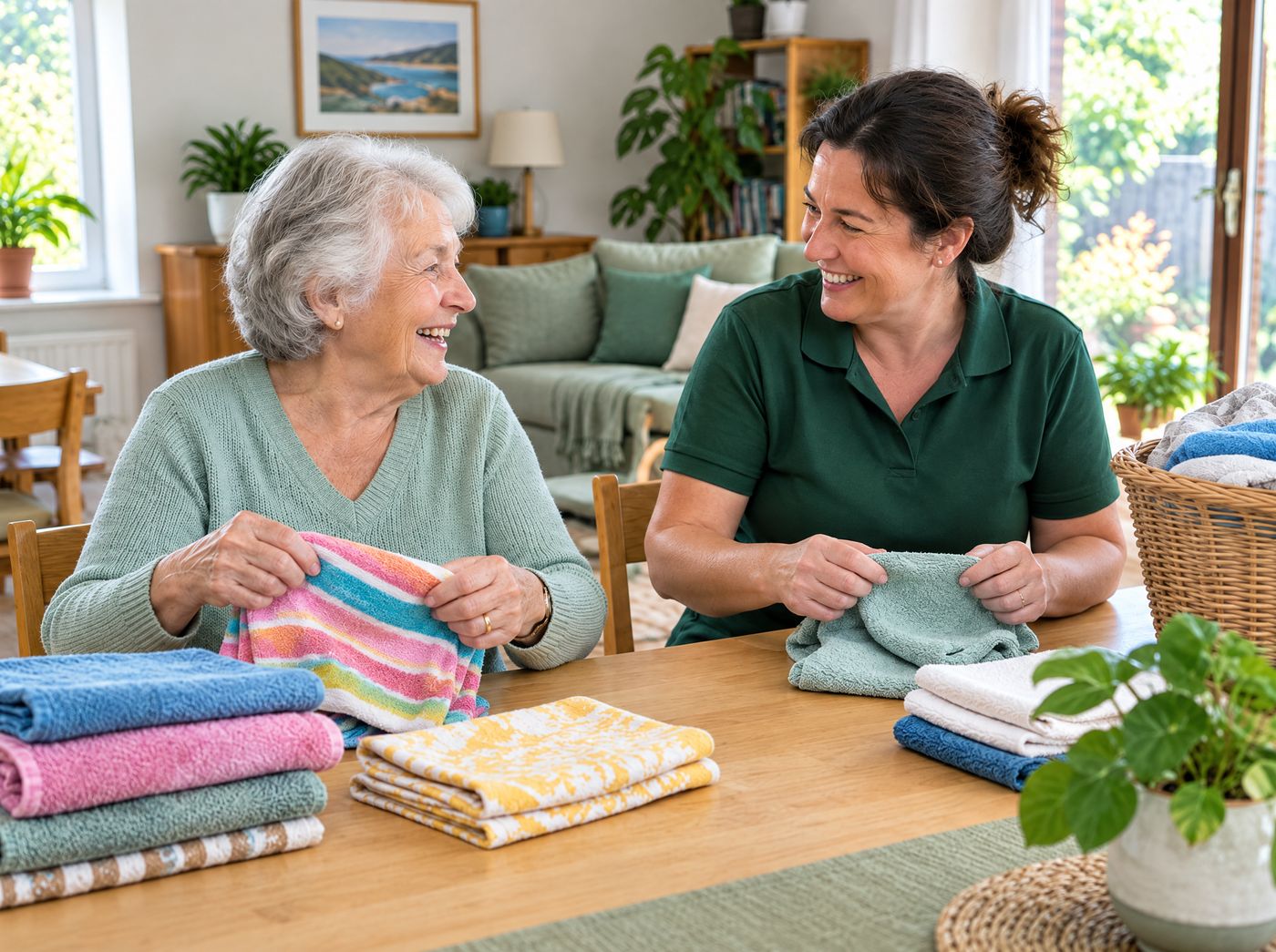 An older man and his support worker share a laugh while folding towels at home
