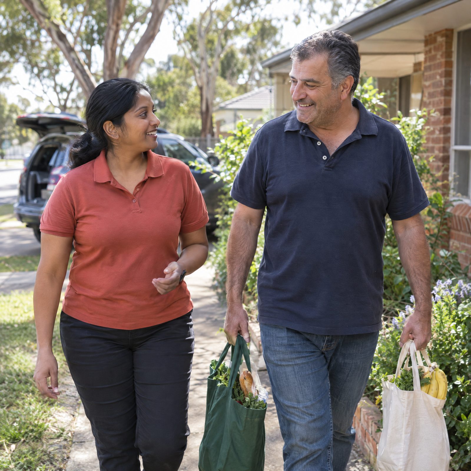 A support worker chats with a participant as they carry his groceries from the car to his front door