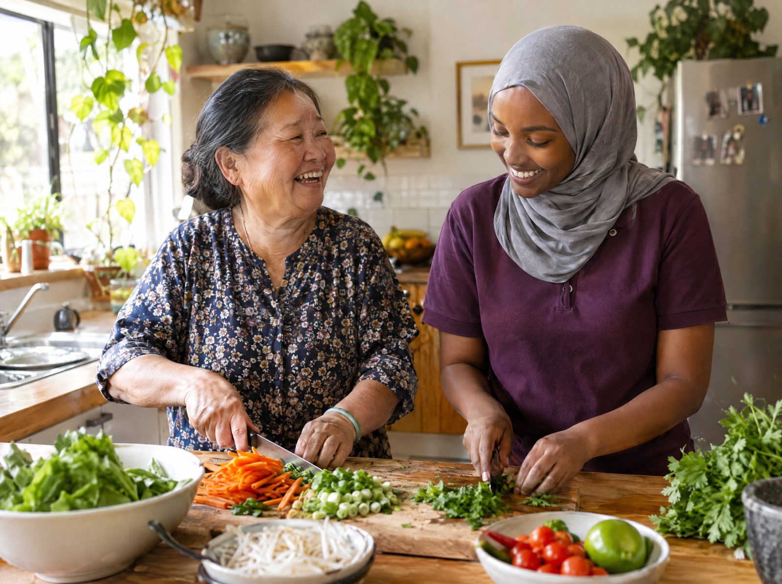 An older woman and her support worker laugh as they chop vegetables together in her kitchen